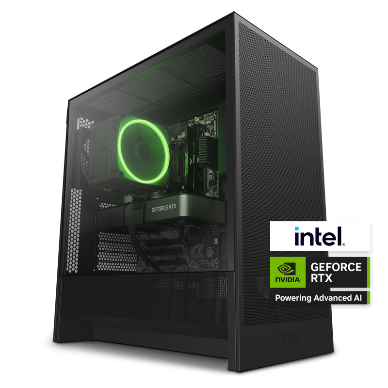The NZXT Flex One Prime Subscription PC is shown in sleek black with a green-lit fan. Featuring NVIDIA GeForce RTX graphics, Intel and NVIDIA logos highlight its advanced AI performance for gaming and creative tasks.