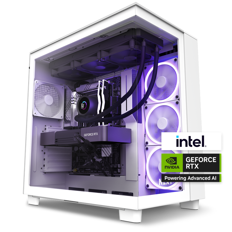The NZXT Player Three Prime is a white gaming PC case with RGB fans, featuring an Intel Core Ultra 9 285K CPU and NVIDIA GeForce RTX 50 Series GPU for advanced AI and smooth 1440p gaming. Sleek design with visible internal components.