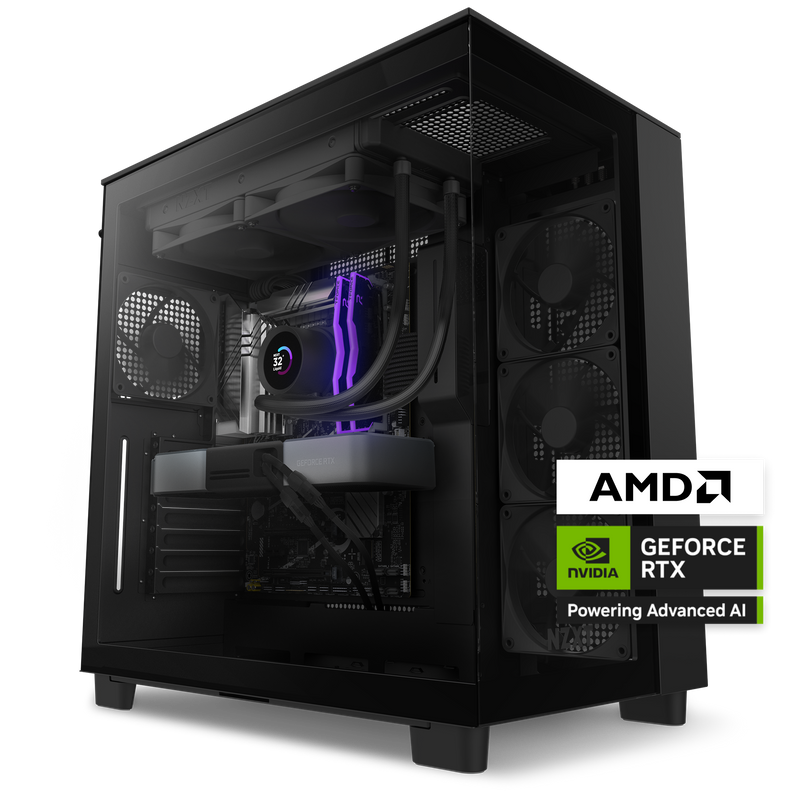 The NZXT Flex Three Subscription PC is a sleek black desktop gaming system with vibrant LED lighting, visible internal components, Flex cooling fans, and powerful AMD and NVIDIA GeForce RTX graphics for advanced AI and high-performance gaming.