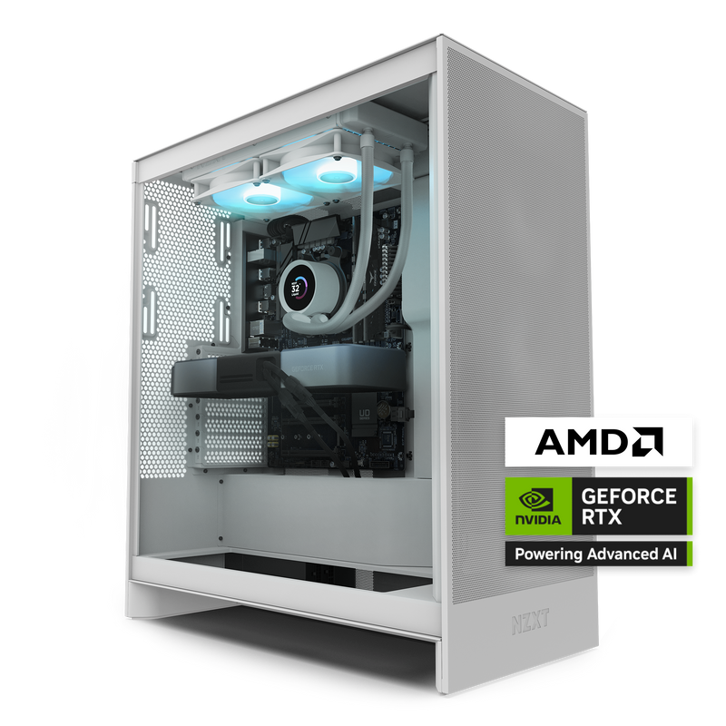 The NZXT Flex Two Prime Subscription PC is a high-performance white system with visible internals, liquid cooling, GeForce RTX GPU, and AMD processor—badged for AMD and NVIDIA GeForce RTX—powering advanced AI with month-to-month flexibility.
