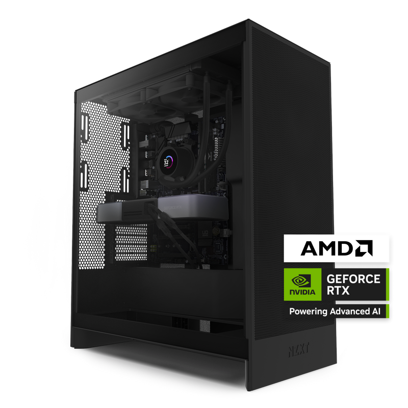 The NZXT Flex Two Subscription PC is a black gaming desktop with visible internals, powered by an AMD processor and NVIDIA GeForce RTX graphics. AI logos highlight its advanced features, with flexible month-to-month NZXT subscription options.